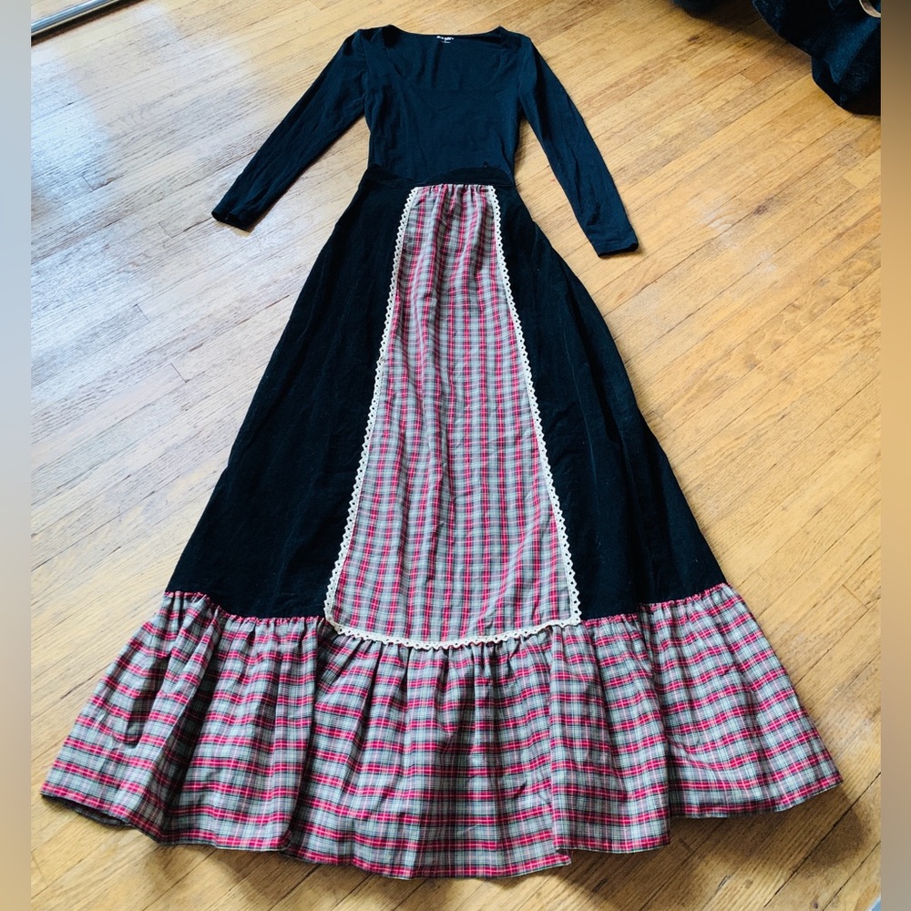 Amazing Vintage 1970 Black Corduroy Maxi Skirt with Cotton Plaid, Cotton Lace❤️
